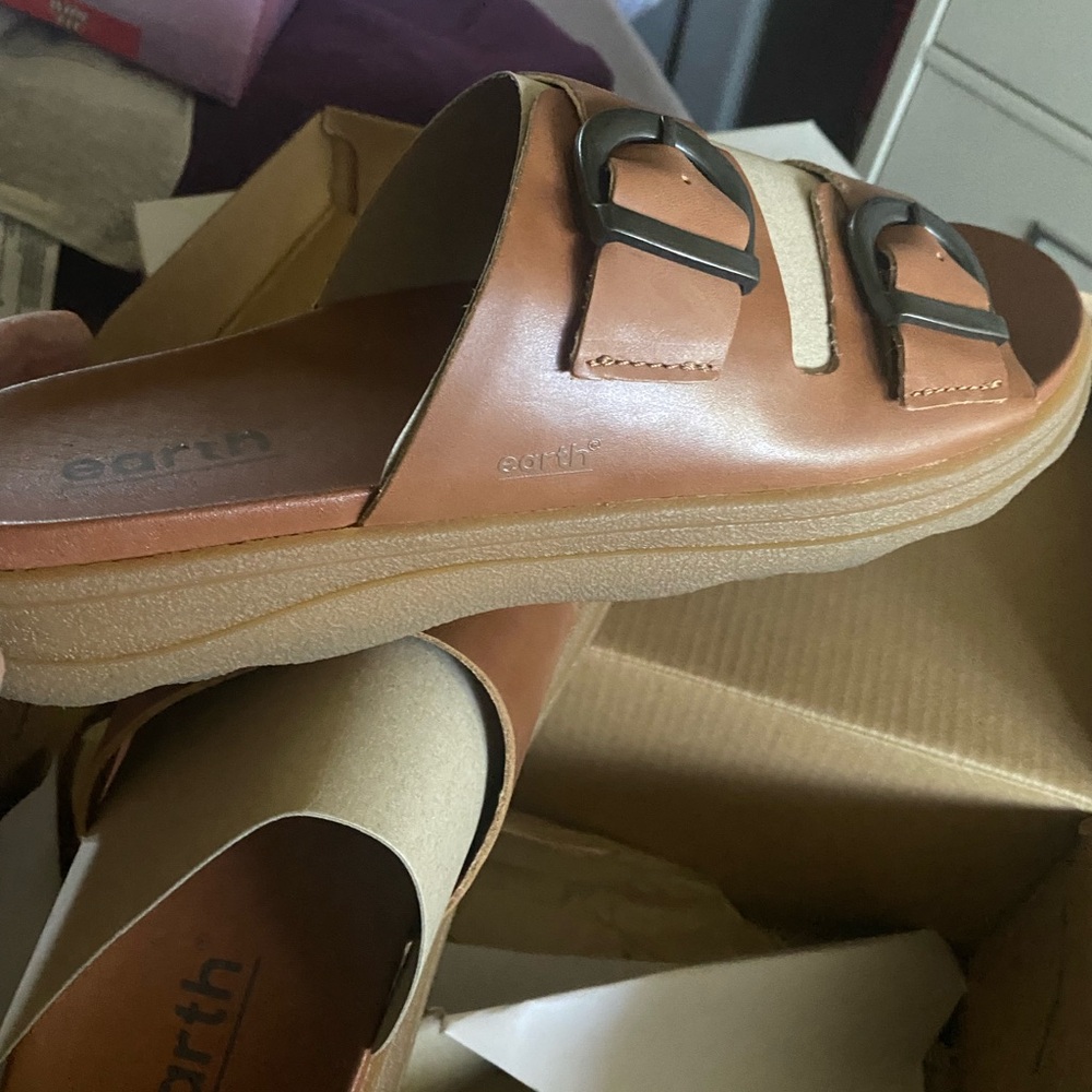 Earth OriginsTan Double Buckle Slide Sandals